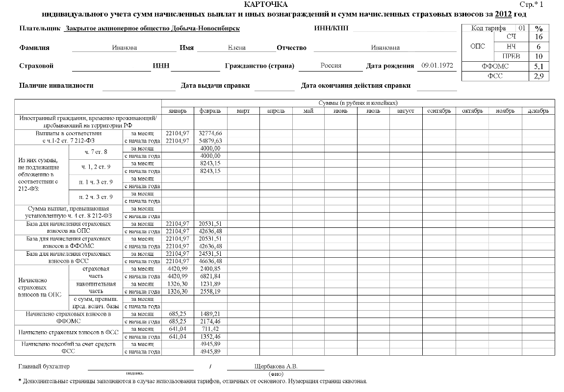 Карточка индивидуального учета выплат и страховых взносов 2022 образец заполнения